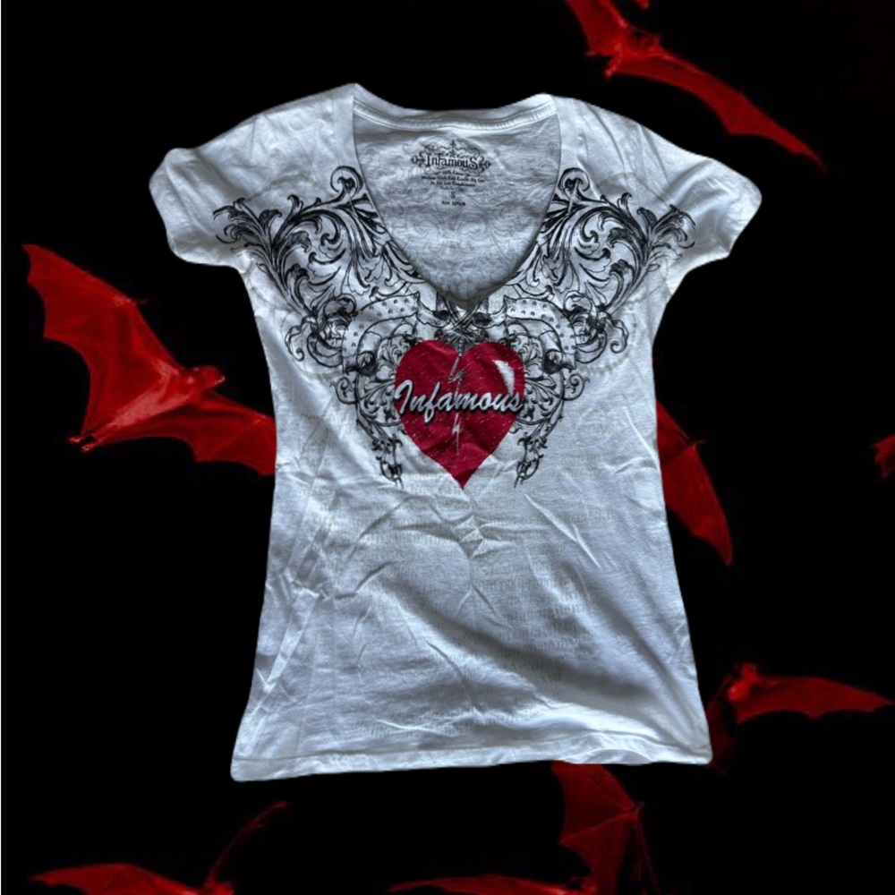 White V-Neck T-Shirt with Red Heart Design -Infamous